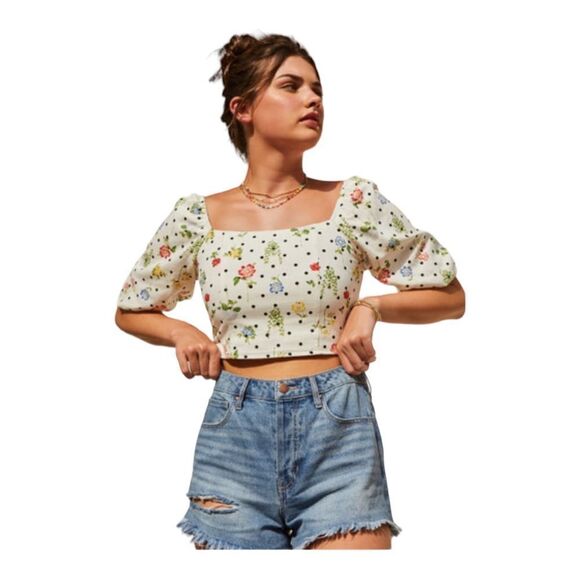 Francesca Mi Ami Floral Linen Rayon Crop Top Puff Sleeve Romantic Feminine Sz S - Picture 1 of 11